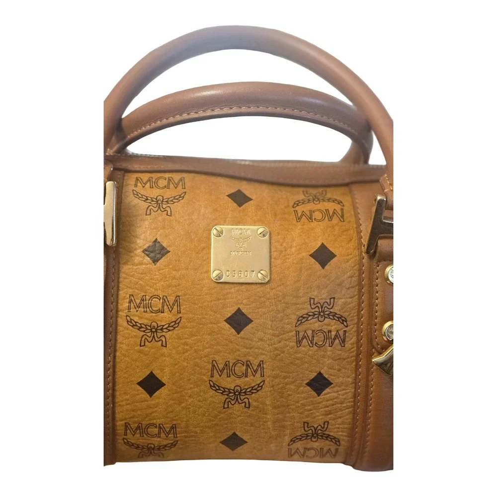 MCM Visetos Boston Bag Cognac Monogram Satchel Gold Hardware C5607